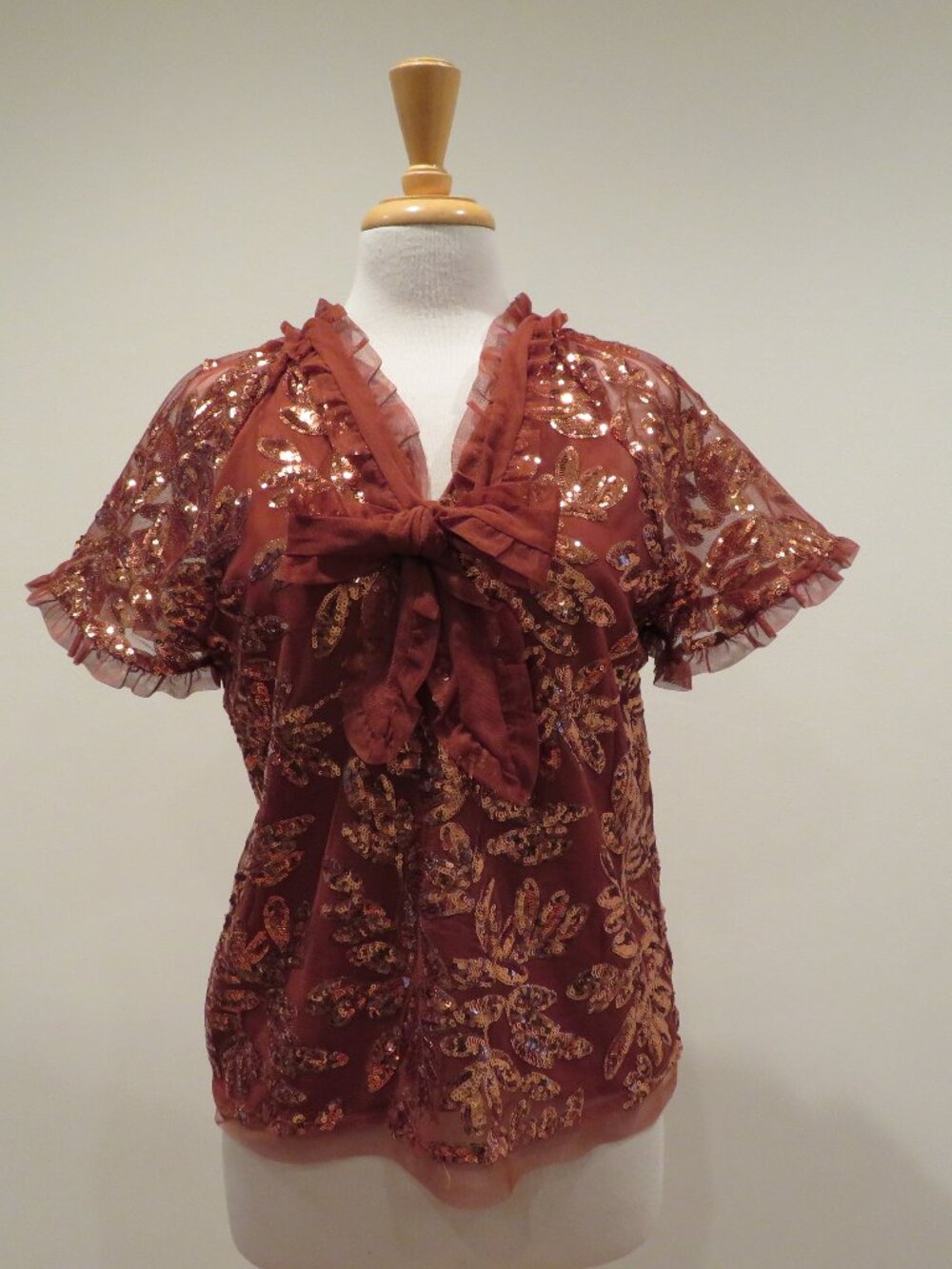 Anthropologie Burnt Orange Floral Sequin Ruffle Lace Blouse